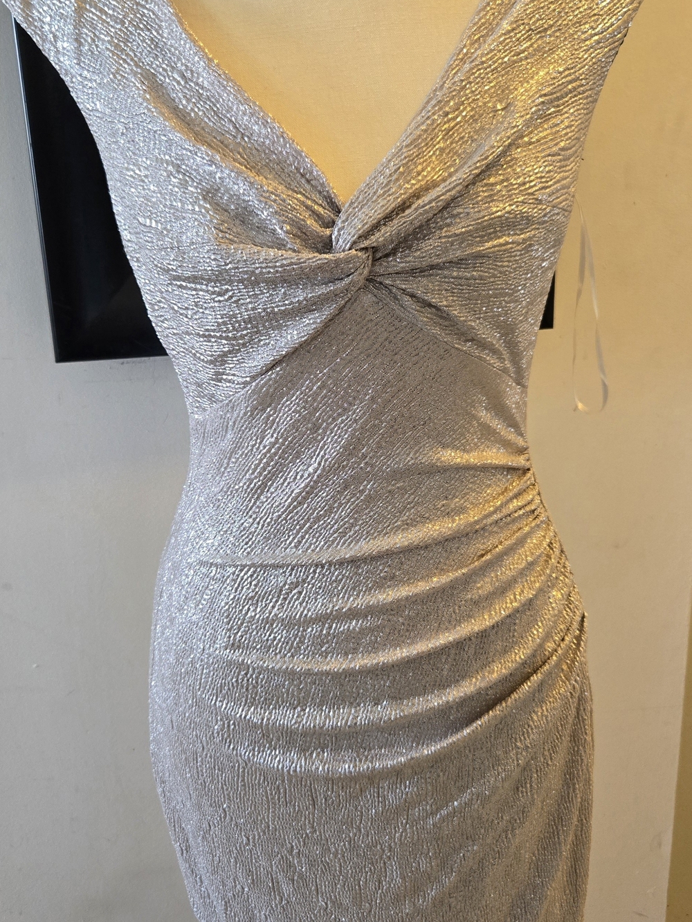 Cache Silver Metallic Twist-Front Cocktail Dress